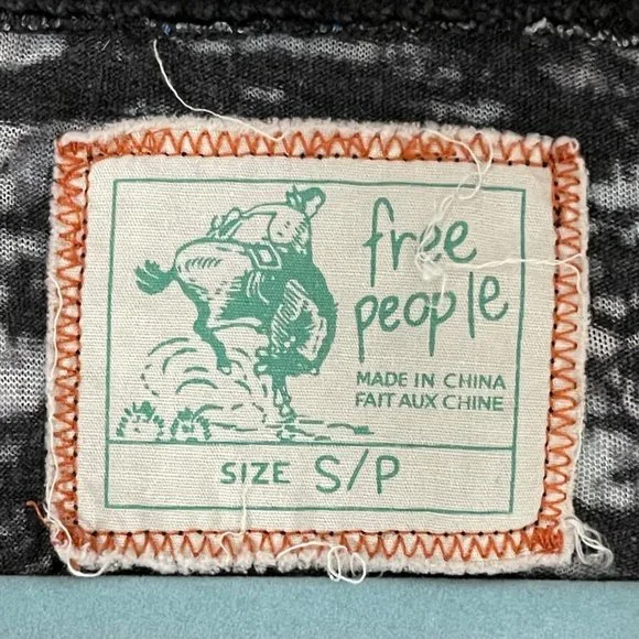 Free People women's size S gray/black/blue v neck ribbon accents bell sleeve top - Picture 6 of 9